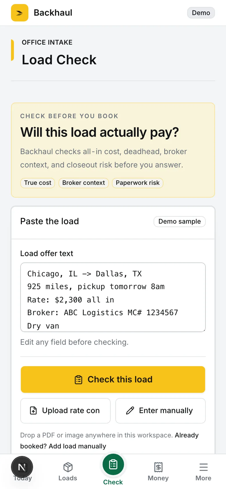 Backhaul Load Check intake with a broker offer pasted and ready to check