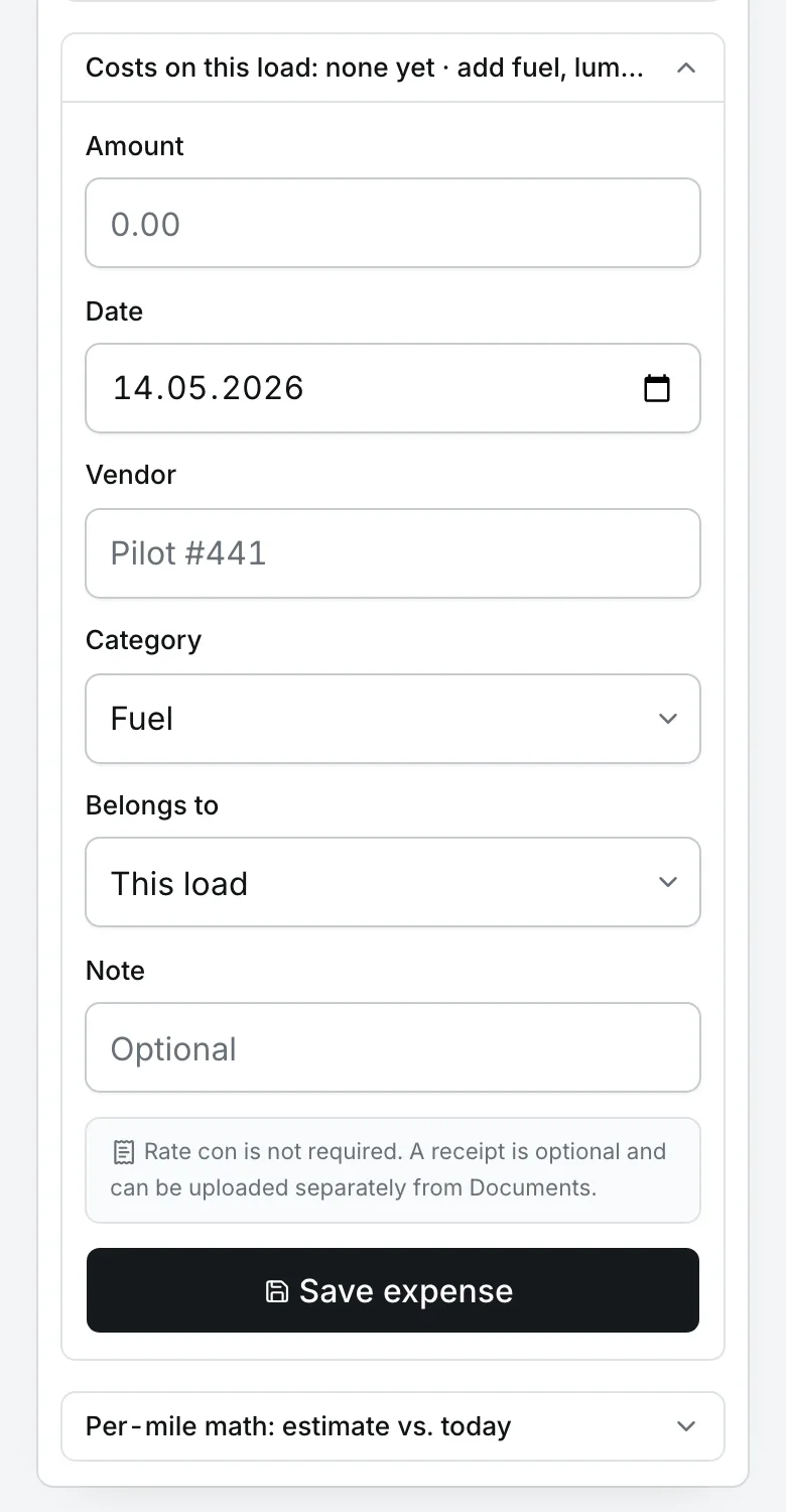 Backhaul add-expense form on a running load with amount, vendor, fuel category, and optional receipt