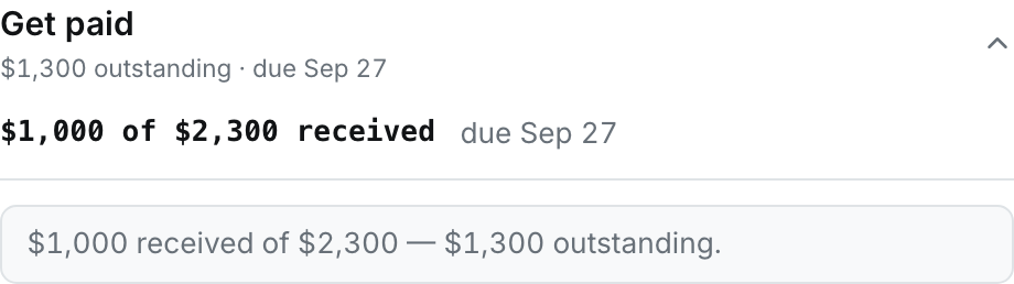 Backhaul sample load payment record showing $1,000 received against a $2,300 invoice and $1,300 remaining