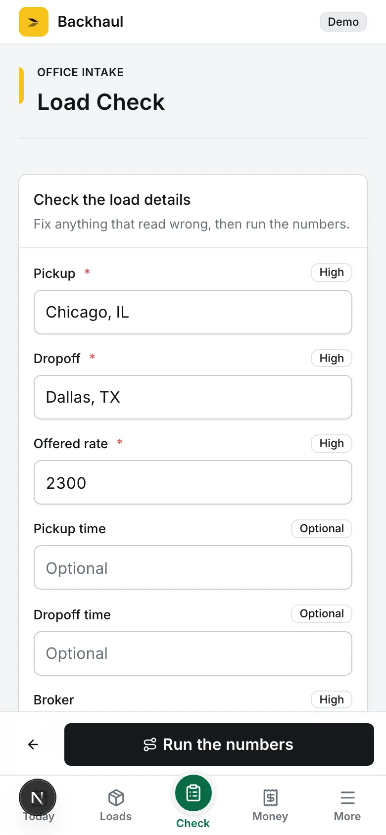 Backhaul review screen with the offer parsed into pickup, delivery, rate, miles, and broker — ready to run the numbers